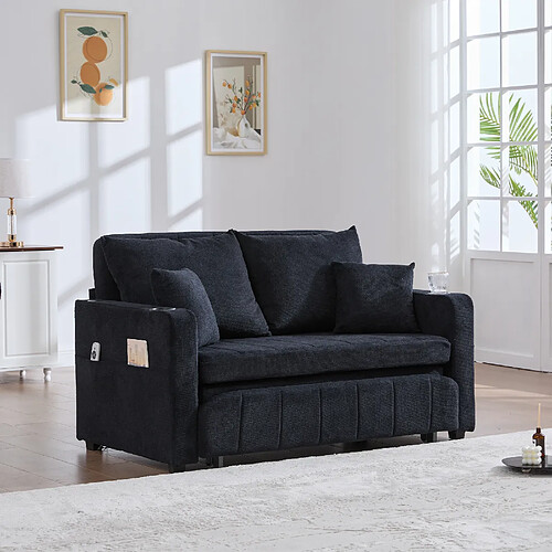 modfu Canapé droit convertible 2 places avec poche latérale, en chenille, noir