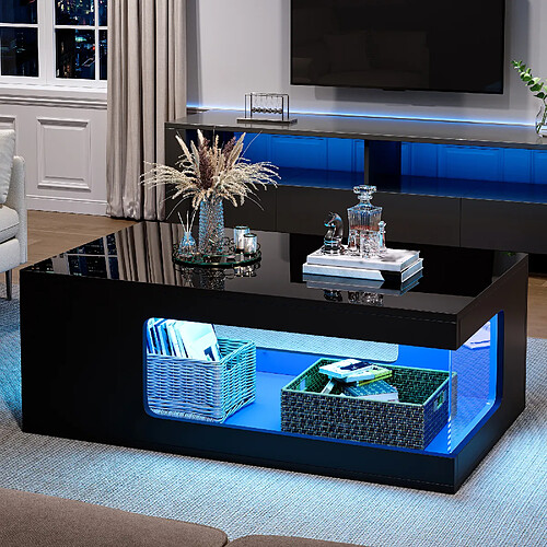 MIVRAY Table basse 100x50x35 cm rangement ouvert LED panneau de particules noir