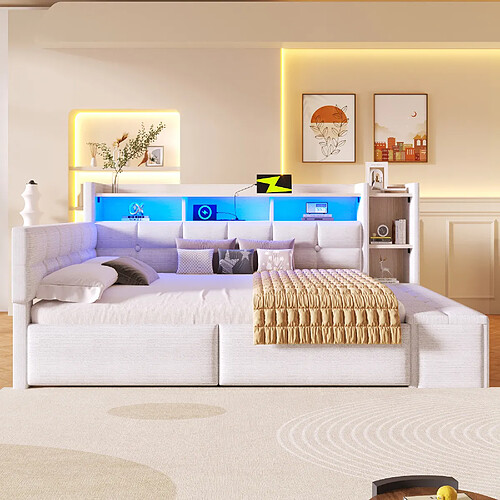 allomn Lit banquette 140 x 190 cm avec 2 tiroirs, banc coffre, USB/Type-C et LED - velours beige