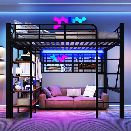 allomn Lit mezzanine 140 x 200 cm avec rangements, LED, filet suspendu et barre penderie - noir