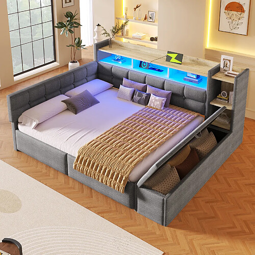 Onever Lit banquette 140 x 190 cm avec 2 tiroirs, banc coffre, niche, USB/Type-C et LED - gris