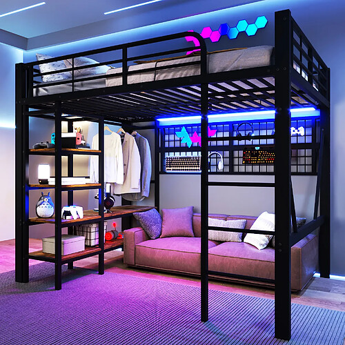 Onever Lit mezzanine 140 x 200 cm avec rangements, LED, filet suspendu et barre penderie - noir