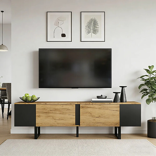 Onever Meuble TV 180 x 40 x 55 cm avec 2 portes et niches latérales - bois et noir
