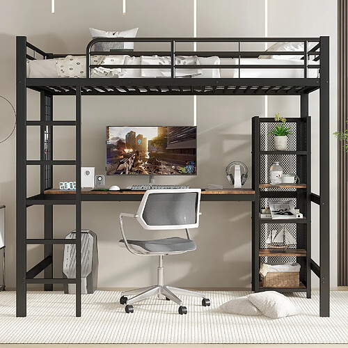 Onever Lit mezzanine 90 x 200 cm avec bureau et armoire intégrés, métal et MDF - noir