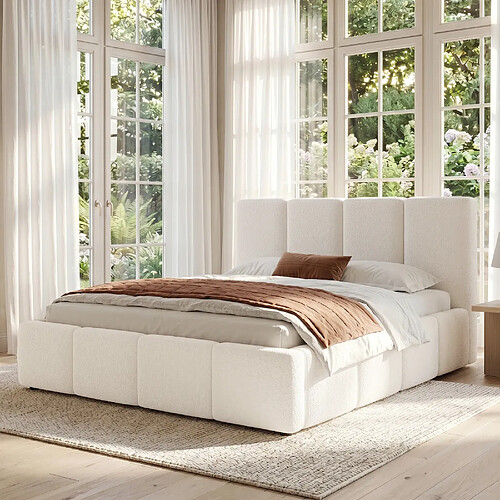 Onever Lit double rembourré 180 x 200 cm avec tête de lit bouclée et sommier à lattes - beige
