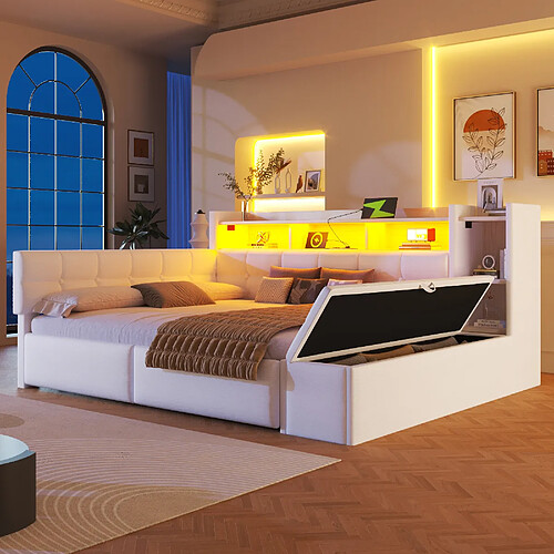 Onever Lit banquette 140 x 190 cm avec 2 tiroirs, banc coffre, USB/Type-C et LED - velours beige