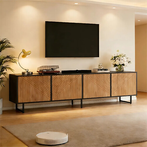 Onever Meuble TV 180 x 40 x 50 cm à 4 portes rainurées pour écran jusqu’à 80 pouces - noir et bois
