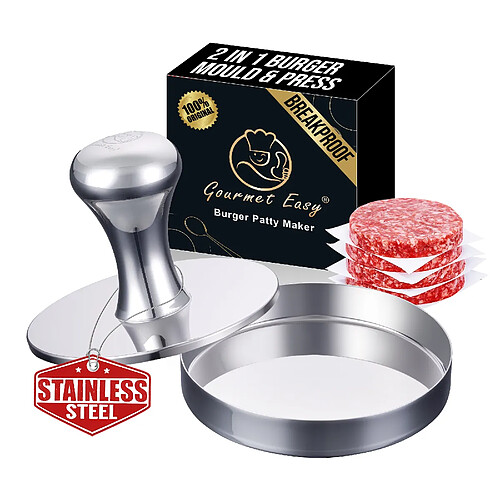 Gourmet Easy Presse smash burger inox 2-en-1 avec moule steak et papiers