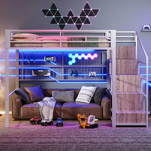 allomn Lit mezzanine 140 x 200 cm avec armoire, échelle rangement, grille et LED 7 couleurs, blanc