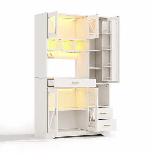 DZMDIP Buffet de cuisine 185 cm avec LED, USB, vitrine et étagères réglables