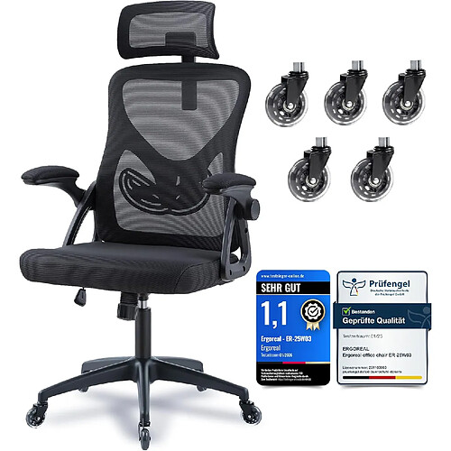 Rolipo Chaise de bureau ergonomique en maille, avec accoudoirs rabattables, 150 kg noir