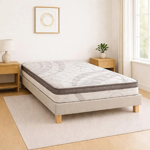 LUXURY LITERIE Ensemble matelas Visco+, sommier beige, oreiller, couette et tete de lit