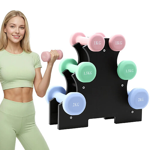 TEENO Haltères Néoprène 1kg 1.5kg 2kg avec Support – Set de 6 Haltères Musculation