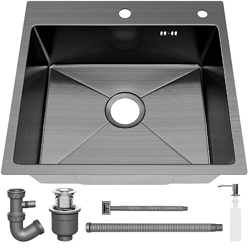 TEENO évier cuisine 1 bac 50x45cm, encastrable, trous robinet/savon, gris pistolet