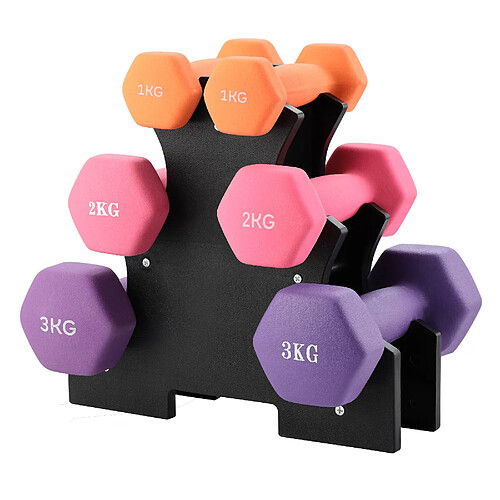 TEENO Haltères Néoprène 1kg 2kg 3kg avec Support – Set de 6 Haltères Musculation