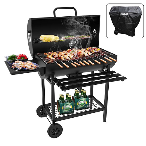 TEENO chariot BBQ bois, grill XXL charbon avec couvercle, thermomètre, cendrier