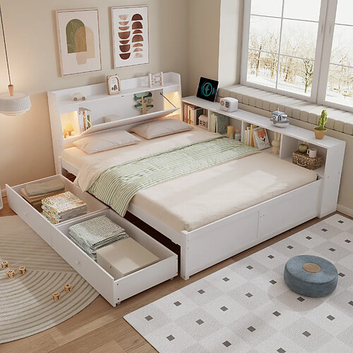 modfu Lit double 140x200 cm avec 2 tiroirs, 2 lampes, en bois, blanc, sans matelas