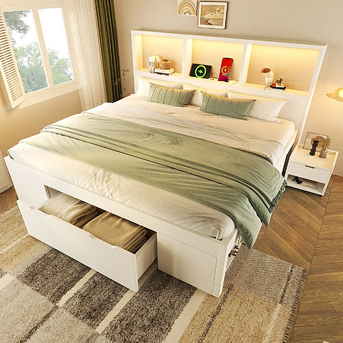 modfu Lit adulte 140x190 cm avec rangement, tête de lit avec LED, en bois, blanc, sans matelas