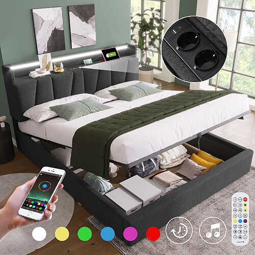 modfu Lit coffre 140x190 cm avec tête de lit et LED, en lin, gris, sans matelas