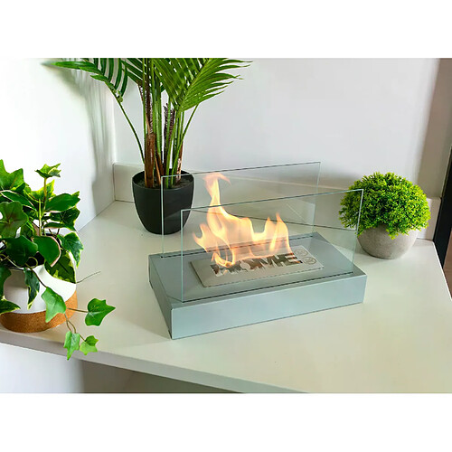 Gmt Cheminée bioéthanol Home grise avec verre – design compact pour intérieur et extérieur
