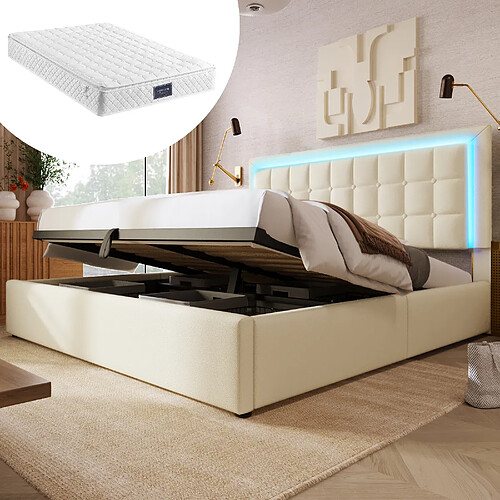 modfu Lit coffre 160x200 cm, avec LED, tête de lit, en cuir synthétique, blanc, matelas inclus