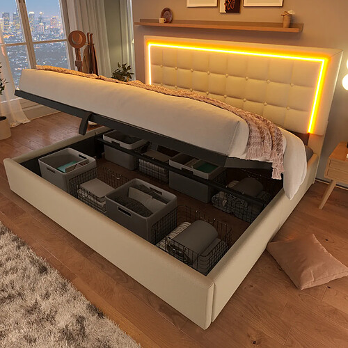 modfu Lit coffre 140x200 cm avec tête de lit, en cuir synthétique, blanc, sans matelas