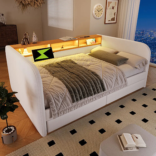 modfu Lit adulte 140x190 cm, avec tête de lit LED et 2 tiroirs, en lin, beige, sans matelas