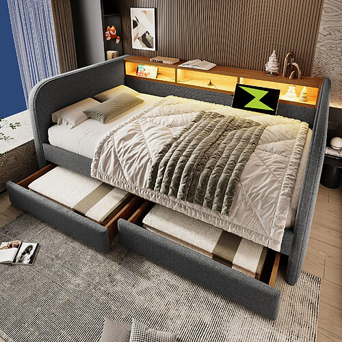 modfu Lit adulte 140x190 cm, avec LED, USB, Type-C et 2 tiroirs, en lin, gris, sans matelas