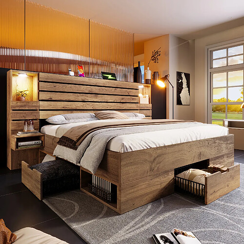modfu Lit adulte 160x200 cm, avec tête de lit et 3 tiroirs, chêne, sans matelas