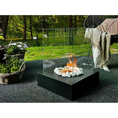 Gmt Cheminée bioéthanol Sunset Garden noire avec verre – design moderne pour jardin et terrasse