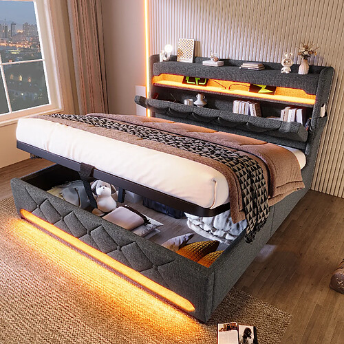modfu Lit coffre 140x190 cm, tête de lit avec LED, en lin, gris, sans matelas