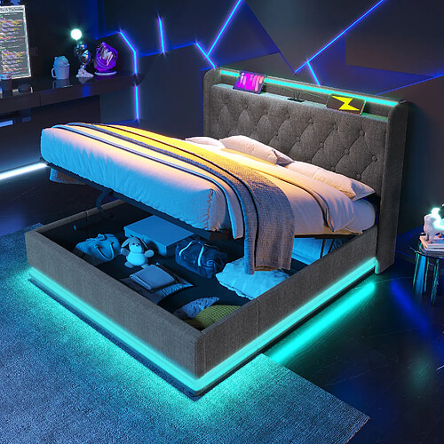 modfu Lit coffre 180x200 cm, avec tête de lit LED, USB et Type-C, en lin, gris, sans matelas