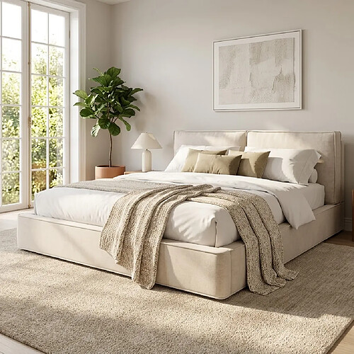 modfu Lit coffre, avec hydraulique, tête de lit et sommier à lattes, beige, sans matelas
