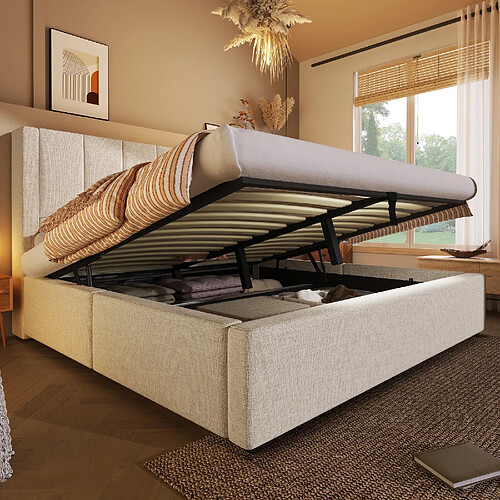 modfu Lit coffre 140x190 cm, avec tête de lit, USB, Type-C, en lin, beige, sans matelas