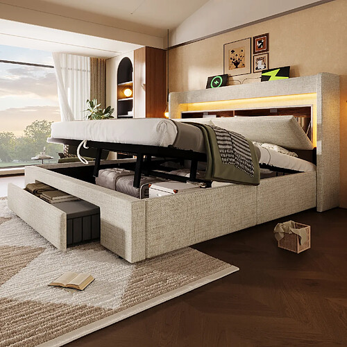 modfu Lit coffre 140x200 cm avec tête de lit de rangement, LED, en lin, beige, sans matelas
