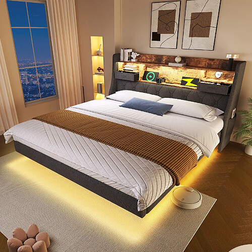 modfu Lit adulte 140x190 cm avec tête de lit de rangement, LED, en lin, gris, sans matelas