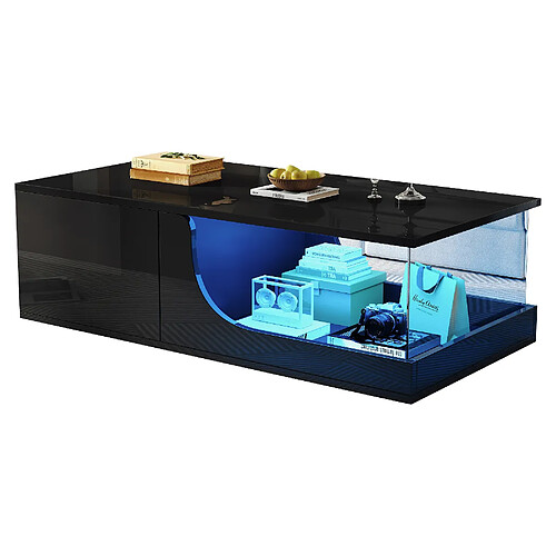 MIVRAY Table basse 100x50x30 cm 2 tiroirs LED MDF et verre trempé noir