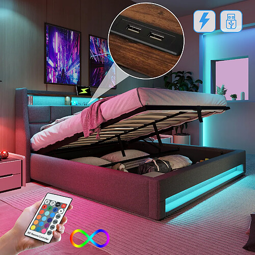 modfu Lit coffre 180x200 cm avec LED et ports USB, en lin, gris, sans matelas