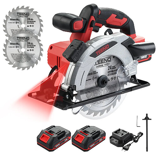 TEENO Scie circulaire sans fil avec laser, 4000 rpm, 2 x 2.0Ah batteries, 2 x 165 mm lames