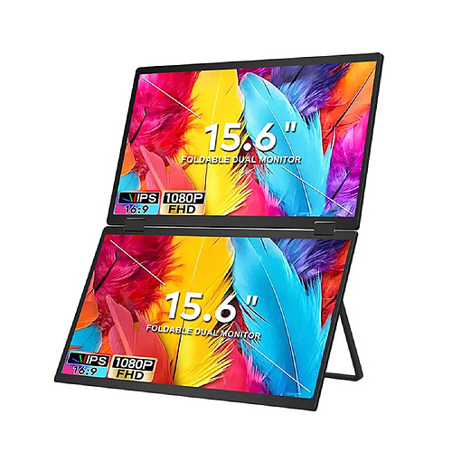 Moniteur portable pliable double écran FOPO T01, 15,6", IPS, 1080P, USB-C, mini HDMI, Noir