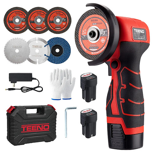 TEENO meuleuse angle 19500rpm, disqueuse sans fil 76mm, 2x2000mAh, 6 disques