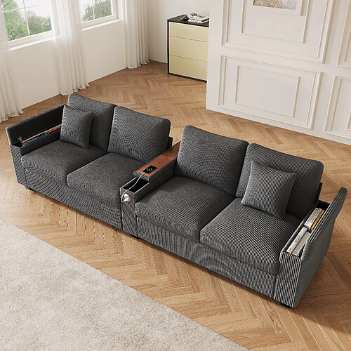 allomn Canapé droit 4-5 places 299x80x82,7 cm - USB rangements - gris