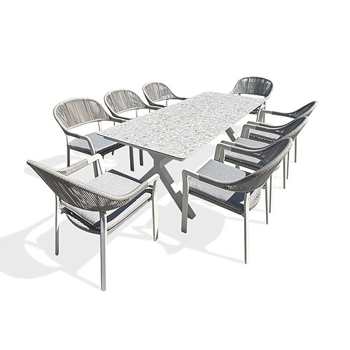 Paris Prix Ensemble Table de Jardin & 8 Fauteuils Abella 220cm Blanc