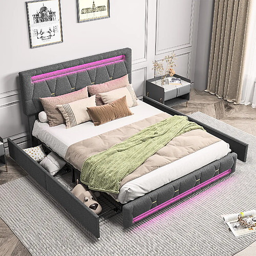 Lit rembourré - Superaly - 160x200cm - avec 4 tiroirs et éclairage LED - Linge - Gris