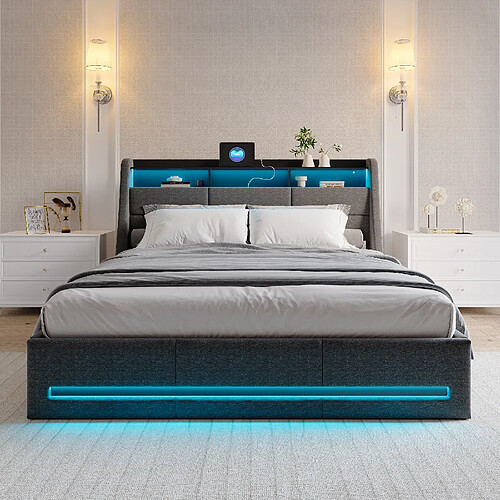 Lit rembourré - Superaly - 140x200cm - avec éclairage LED et port USB - Linge - Gris