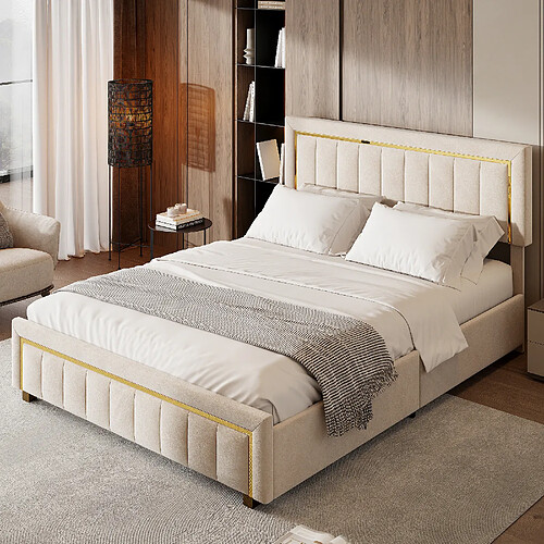 Lit rembourré - Superaly - 160x200cm - Espace de rangement sous le lit - Beige