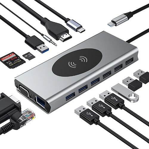 INF Adaptateur multiport concentrateur Type-C 15 en 1 avec HDMI, VGA, Ethernet, USB C PD