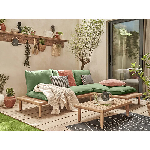 Bestmobilier Papeete - salon bas de jardin avec coussins vert - 4 places + table - en bois d'acacia FSC