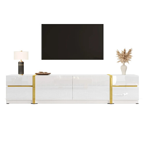 DZMDIP Meuble TV moderne blanc brillant avec 4 tiroirs et 2 portes - facile d’entretien