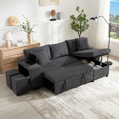HAUSS SPOLE Canapé d'angle convertible 4 places avec USB en velours côtelé gris